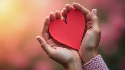 Obraz premium Hand Holding Red Paper Heart - Symbol of Love, Craft, DIY Projects, and Valentine’s Day Themes for Photo