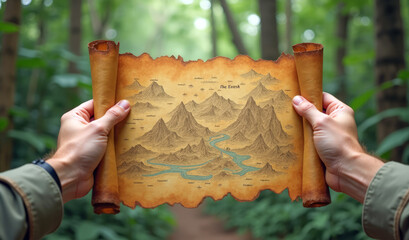 Men's hands hold an unfolded parchment scroll map against the background of the jungle , treasure hunting