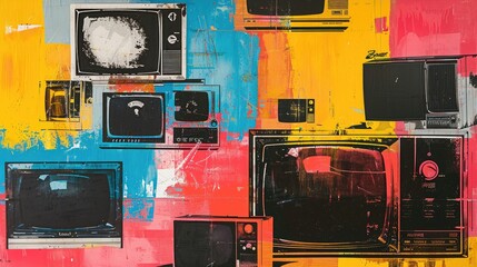 Retro televisions with abstract paint splatter background.