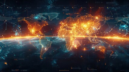 Abstract world map concept of global networks and connectivity, international data transfer and cyber technology.