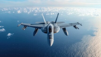 Naklejka premium US fighter jets patrolling over a naval fleet, ocean glistening below 