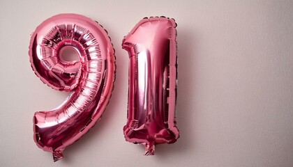 91 number made of pink balloon, copy space 