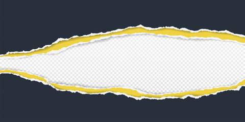 Black, yellow piece of paper with torn edges and soft shadow are on transparent background for text or ad.