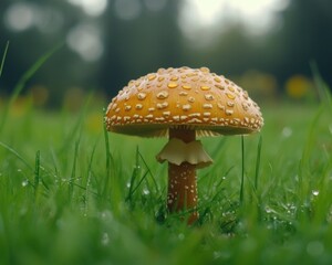 Mushroom that is sitting in the grass with water droplets on it - Outdoor