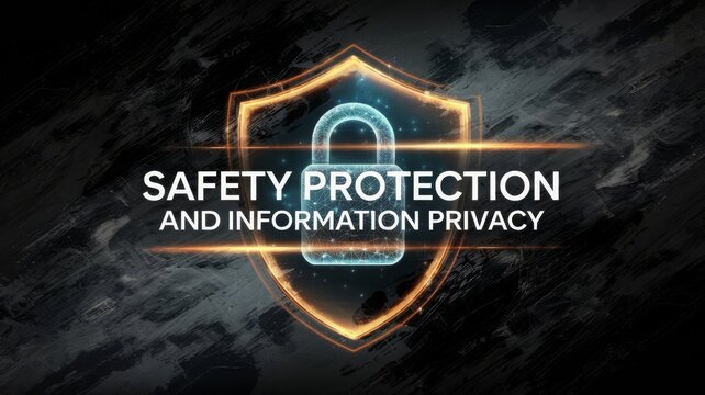Dark abstract background with a digital padlock inside a shield featuring a glowing orange border. Text overlay reads "Safety protection and information privacy."