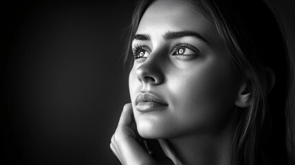 Fototapeta premium A candid black and white portrait of a person deep in thought, with a pensive expression.