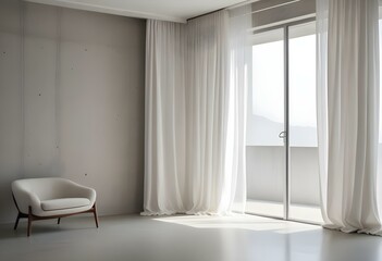 Fototapeta premium A minimalist interior with white curtains and a concrete wall, creates a serene and calming atmosphere