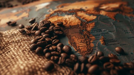 World map with coffee beans placed on countries famous for their coffee production