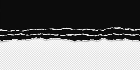 Black piece of paper with torn edges and soft shadow are on transparent background for text or ad.