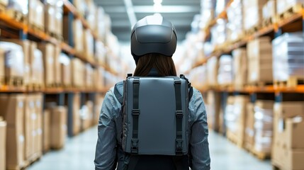 Warehouse automation, Warehouse worker with a backpack and helmet standing in a storage aisle among stacks of boxes.