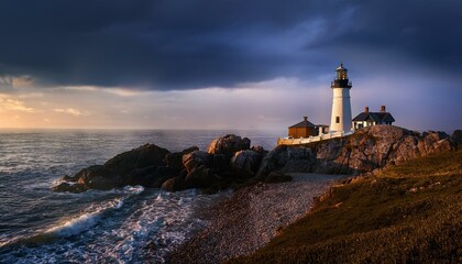The lighthouse's light cuts through the fog.  