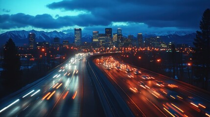 Obraz premium A dynamic shot of highway traffic at night, featuring vehicles with motion blur as they pass against a backdrop of mountains and a vibrant city skyline illuminated by city lights.