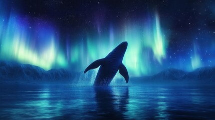 Obraz premium A majestic whale emerging from the ocean, silhouetted against the vibrant northern lights illuminating the night sky.