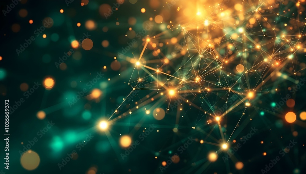 Poster Abstract green background with moving lines and dots. The concept of big data, technology, and science. Abstract dynamic wireframe tunnel on green background. Futuristic particle flow. 