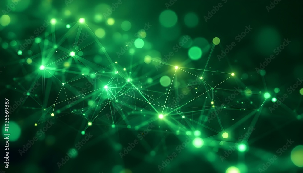 Poster Abstract green background with moving lines and dots. The concept of big data, technology, and science. Abstract dynamic wireframe tunnel on green background. Futuristic particle flow. 