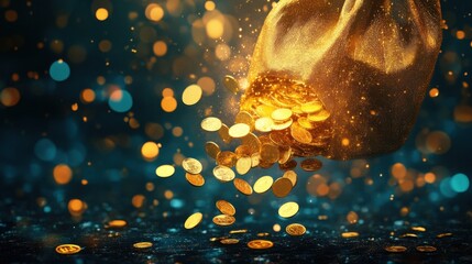 A creative illustration depicting a money bag from which gold coins are raining down, representing financial growth and abundance. The design is rich in detail,  the allure of wealth and success.