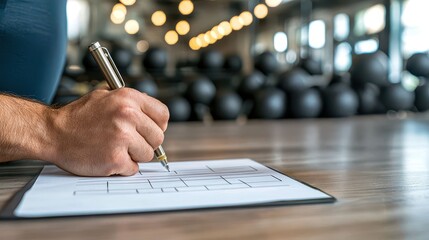 A person writing on a clipboard in a fitness gym, showcasing focus and dedication to workout planning.