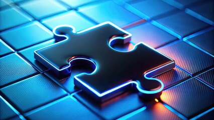A single black puzzle piece with a neon outline sits on a blue grid surface, representing the concept of connection and unity.