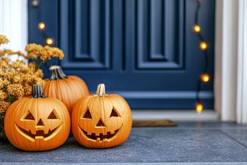 Obraz premium A carved pumpkin and glowing, spooky lights create a festive, haunting atmosphere with shimmering bokeh lights, the autumn scene. 