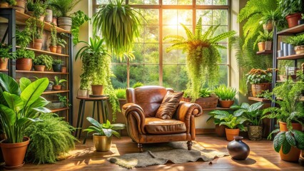 Fototapeta premium A sun-drenched living room with a leather armchair surrounded by lush greenery and a window overlooking a verdant forest.
