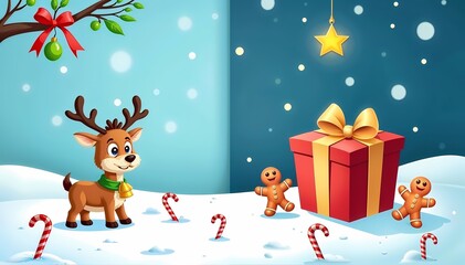 Obraz premium Christmas Illustration with Reindeer, Gifts and Gingerbread Dolls. Ideal for Merry Christmas cards with copy space.