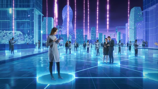 Virtual Meta City of People using Devices in Connected Social Network Wireless Futuristic World. Diverse Citizens do ecommerce, communication. Visualization of Information Lines Connecting Individuals