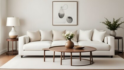 A minimalist living room with a white sofa, round coffee table, and decorative vases on a wooden console.