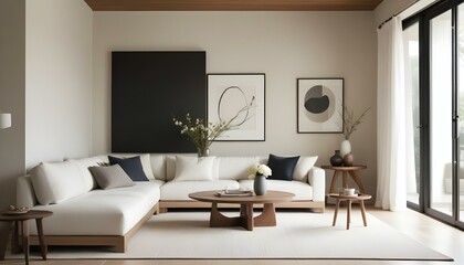 A minimalist living room with a white sofa, round coffee table, and decorative vases on a wooden console.