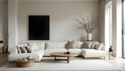 A minimalist living room with a white sofa, round coffee table, and decorative vases on a wooden console.