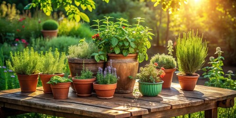 Fototapeta premium A rustic wooden table adorned with potted plants basking in the warm glow of the setting sun.