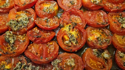 Baked tomatoes with herbs and seasoning, close-up view