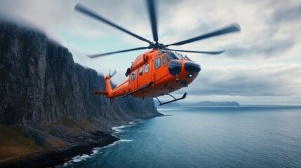 Rescue helicopter hovering over a cliffside, preparing for a rescue operation 