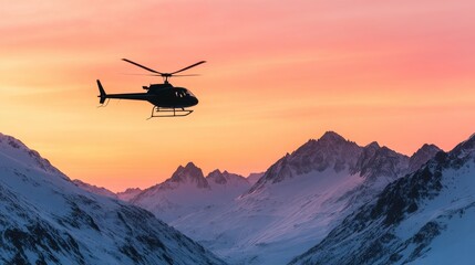 Fototapeta na wymiar Helicopter flying through a mountain range at sunrise, dramatic lighting