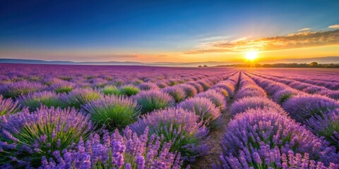 Obraz premium A breathtaking sunrise over a vast field of lavender, showcasing rows of purple blooms bathed in golden sunlight.
