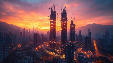 Fototapeta premium modern skyscraper under construction, large cranes in motion, steel beams and scaffolding 