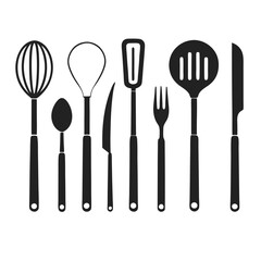 Kitchen Utensils Icon Set with Forks, Spoons, and Knives for Culinary Designs.