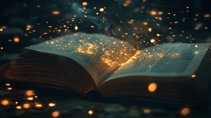 Enchanted Tome, an open book radiating mystical luminescence amidst shadows, evokes the allure of literature and fairy tales, inviting wonder and imagination.
