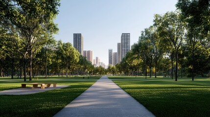 lush green area with picnic spots set against modern city skyline, featuring tall buildings and serene pathway. This vibrant park invites relaxation and outdoor activities