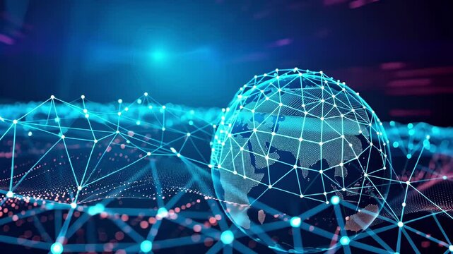 A digital globe with blue glowing interconnected data points. Global connectivity and AI powered communication