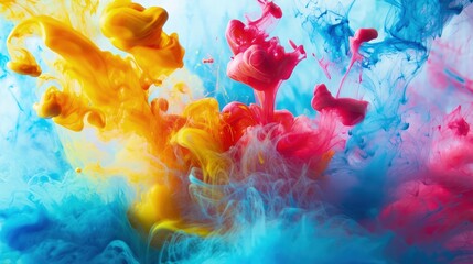 Vibrant yellow and magenta ink swirling together in clear water creates an abstract liquid composition isolated on a white background.