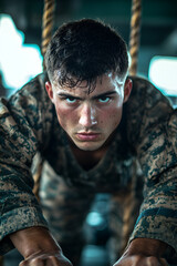 Obraz premium Close-up of a focused soldier in camouflage pushing through an intense physical training session. Demonstrates strength, determination, and endurance in a military setting.