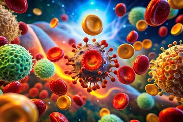3D Illustration of Leukemia Cells in Bloodstream - Medical Visualization, Health Science, and Research