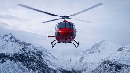 Rescue helicopter flying over a snow-covered mountain, preparing for a winter rescue
