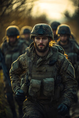 A group of soldiers in full combat gear marches together outdoors, showcasing teamwork and determination. Ideal for military, defense, or teamwork concepts