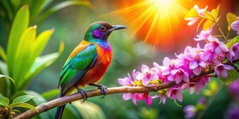 Fototapeta premium A Vibrant Tropical Bird Perched on a Branch Adorned with Delicate Pink Blossoms, Bathed in the Warm Glow of the Setting Sun