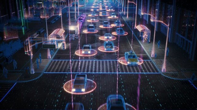 Futuristic City Intersection Digital Twin: Urban Night With Vehicles with Data Visualization. Digital Grid Lines and Neon Lights Illustrate Digitalization. Pedestrians Move on Sidewalks