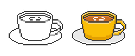 Yellow Mug with Coffee in Pixel Style. Simple vector illustration