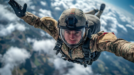 Experience the thrill of skydiving with a focused paratrooper capturing a breathtaking moment mid-air, surrounded by fluffy clouds and a vast landscape below