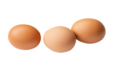 Top view set of three fresh brown chicken eggs isolated on white background with clipping path