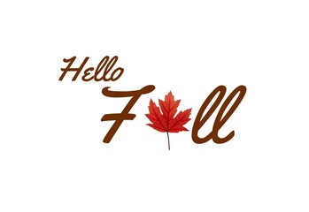 Hello Fall text with autumn leaf on white background